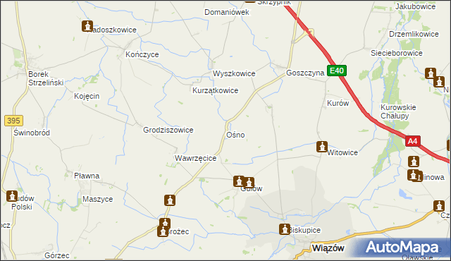 mapa Ośno gmina Wiązów, Ośno gmina Wiązów na mapie Targeo