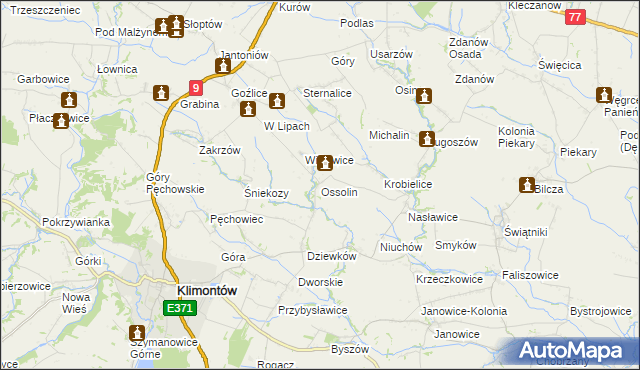 mapa Ossolin gmina Klimontów, Ossolin gmina Klimontów na mapie Targeo