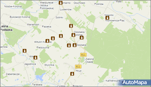 mapa Ossówka gmina Leśna Podlaska, Ossówka gmina Leśna Podlaska na mapie Targeo