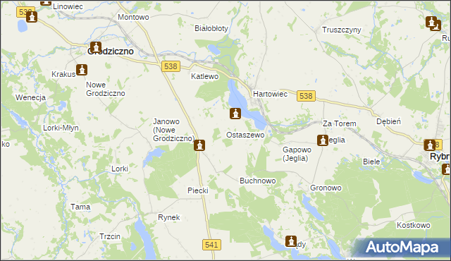 mapa Ostaszewo gmina Grodziczno, Ostaszewo gmina Grodziczno na mapie Targeo