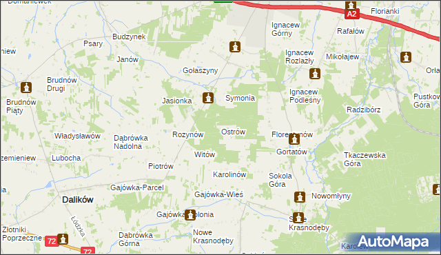 mapa Ostrów gmina Dalików, Ostrów gmina Dalików na mapie Targeo