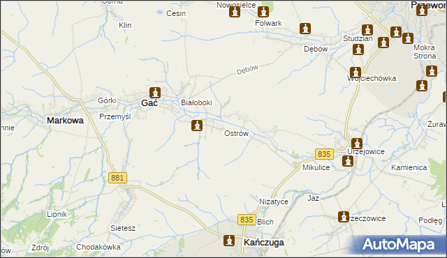 mapa Ostrów gmina Gać, Ostrów gmina Gać na mapie Targeo