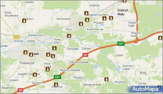 mapa Ostrów gmina Łask, Ostrów gmina Łask na mapie Targeo