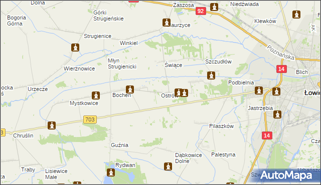 mapa Ostrów gmina Łowicz, Ostrów gmina Łowicz na mapie Targeo