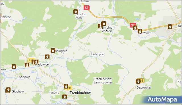 mapa Ostrzyce gmina Trzebiechów, Ostrzyce gmina Trzebiechów na mapie Targeo