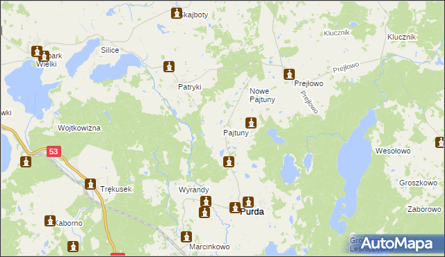 mapa Pajtuny gmina Purda, Pajtuny gmina Purda na mapie Targeo