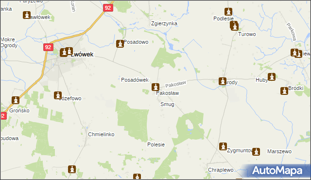 mapa Pakosław gmina Lwówek, Pakosław gmina Lwówek na mapie Targeo