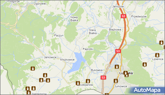 mapa Paprotki gmina Lubawka, Paprotki gmina Lubawka na mapie Targeo