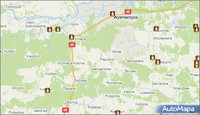 mapa Paprotno gmina Wyśmierzyce, Paprotno gmina Wyśmierzyce na mapie Targeo