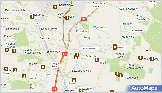 mapa Parkoszowice gmina Miechów, Parkoszowice gmina Miechów na mapie Targeo
