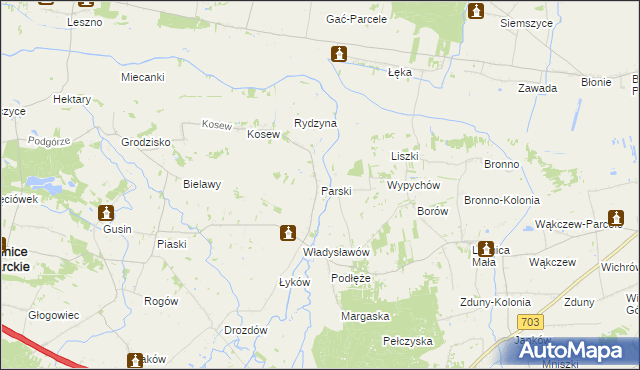 mapa Parski gmina Świnice Warckie, Parski gmina Świnice Warckie na mapie Targeo