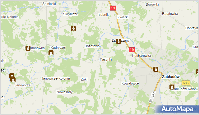 mapa Pasynki gmina Zabłudów, Pasynki gmina Zabłudów na mapie Targeo