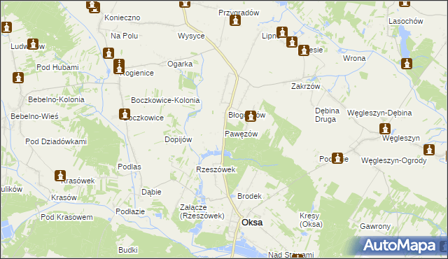 mapa Pawęzów gmina Oksa, Pawęzów gmina Oksa na mapie Targeo