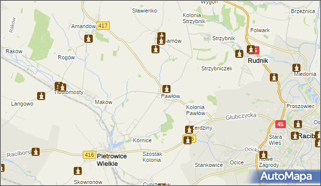 mapa Pawłów gmina Pietrowice Wielkie, Pawłów gmina Pietrowice Wielkie na mapie Targeo