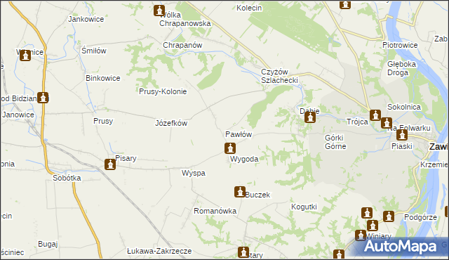 mapa Pawłów gmina Zawichost, Pawłów gmina Zawichost na mapie Targeo