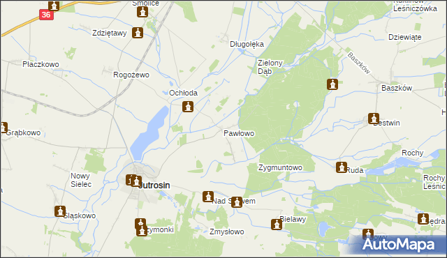 mapa Pawłowo gmina Jutrosin, Pawłowo gmina Jutrosin na mapie Targeo