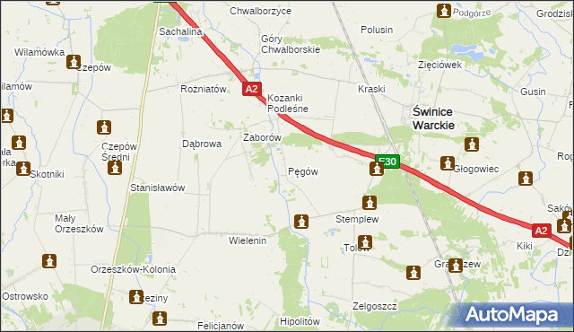 mapa Pęgów gmina Uniejów, Pęgów gmina Uniejów na mapie Targeo