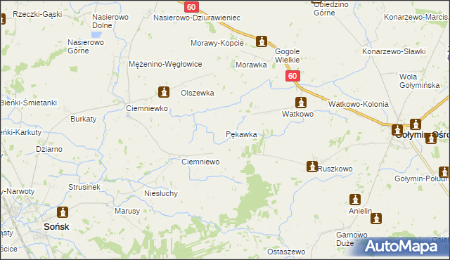 mapa Pękawka gmina Sońsk, Pękawka gmina Sońsk na mapie Targeo