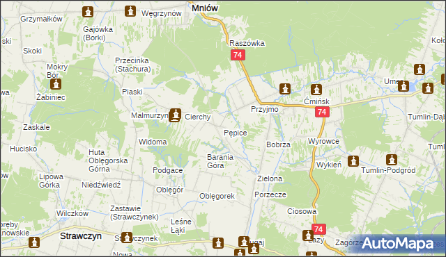 mapa Pępice gmina Mniów, Pępice gmina Mniów na mapie Targeo