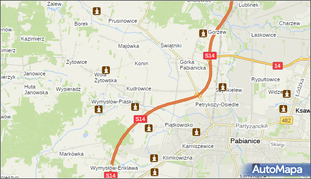 mapa Petrykozy gmina Pabianice, Petrykozy gmina Pabianice na mapie Targeo