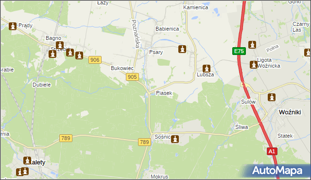 mapa Piasek gmina Woźniki, Piasek gmina Woźniki na mapie Targeo