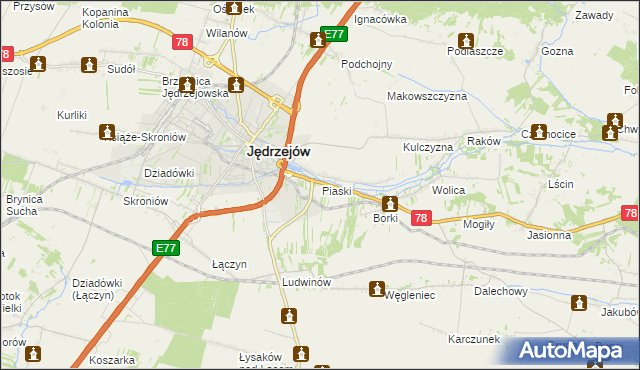 mapa Piaski gmina Jędrzejów, Piaski gmina Jędrzejów na mapie Targeo