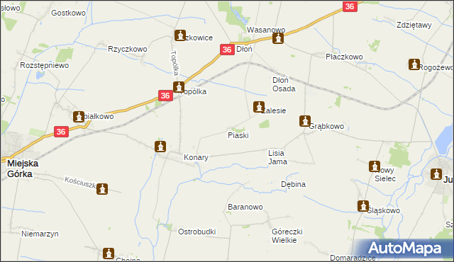 mapa Piaski gmina Miejska Górka, Piaski gmina Miejska Górka na mapie Targeo