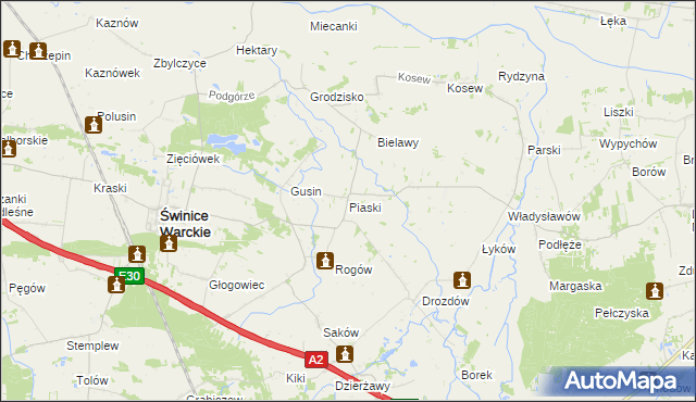 mapa Piaski gmina Świnice Warckie, Piaski gmina Świnice Warckie na mapie Targeo