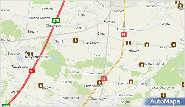 mapa Piaski gmina Wola Krzysztoporska, Piaski gmina Wola Krzysztoporska na mapie Targeo