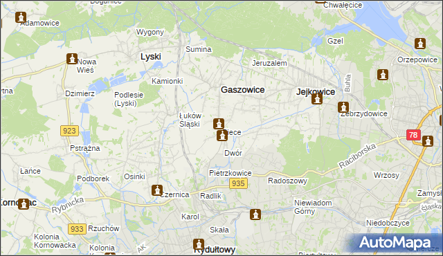 mapa Piece gmina Gaszowice, Piece gmina Gaszowice na mapie Targeo