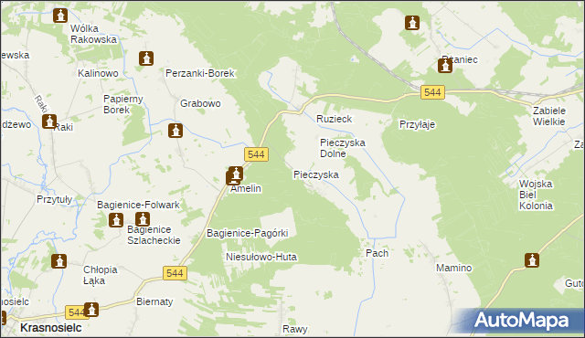 mapa Pieczyska gmina Krasnosielc, Pieczyska gmina Krasnosielc na mapie Targeo