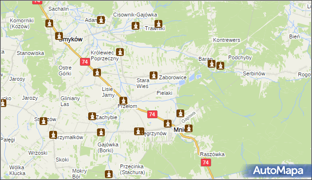 mapa Pielaki gmina Mniów, Pielaki gmina Mniów na mapie Targeo