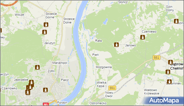 mapa Pień gmina Dąbrowa Chełmińska, Pień gmina Dąbrowa Chełmińska na mapie Targeo