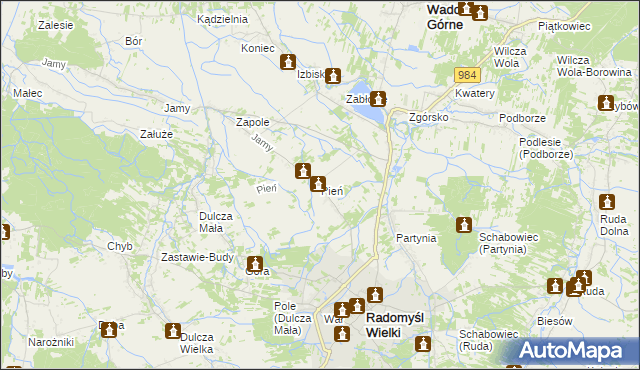 mapa Pień gmina Radomyśl Wielki, Pień gmina Radomyśl Wielki na mapie Targeo