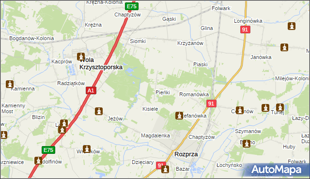 mapa Pieńki gmina Rozprza, Pieńki gmina Rozprza na mapie Targeo