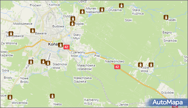 mapa Piła gmina Końskie, Piła gmina Końskie na mapie Targeo