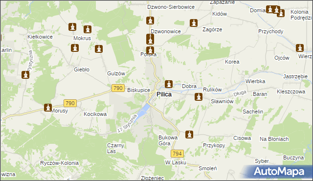 mapa Pilica powiat zawierciański, Pilica powiat zawierciański na mapie Targeo