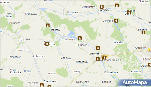 mapa Piorunów gmina Wodzierady, Piorunów gmina Wodzierady na mapie Targeo