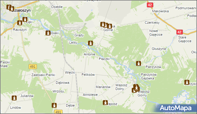 mapa Płaczki gmina Popów, Płaczki gmina Popów na mapie Targeo