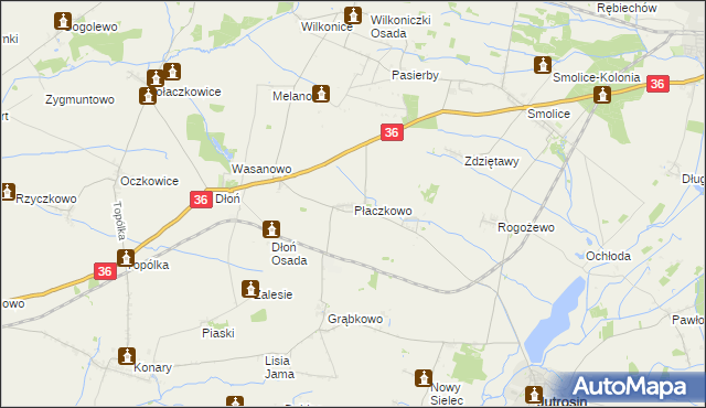 mapa Płaczkowo gmina Jutrosin, Płaczkowo gmina Jutrosin na mapie Targeo