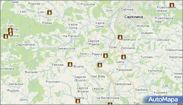 mapa Pławna gmina Ciężkowice, Pławna gmina Ciężkowice na mapie Targeo