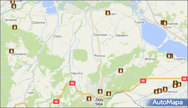 mapa Płonica gmina Złoty Stok, Płonica gmina Złoty Stok na mapie Targeo