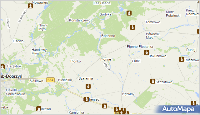 mapa Płonne gmina Radomin, Płonne gmina Radomin na mapie Targeo