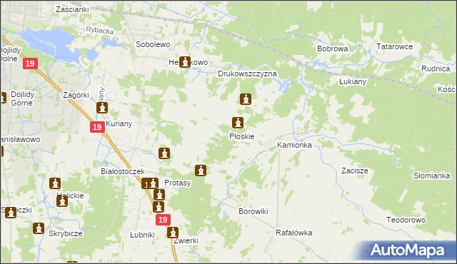 mapa Płoskie gmina Zabłudów, Płoskie gmina Zabłudów na mapie Targeo