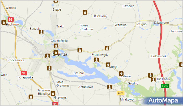 mapa Pluskowęsy gmina Chełmża, Pluskowęsy gmina Chełmża na mapie Targeo