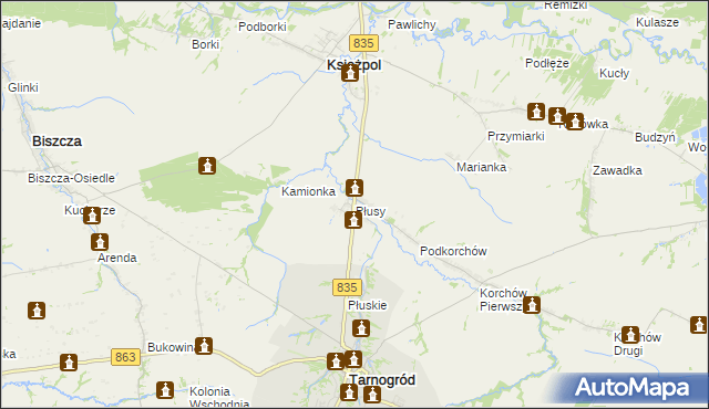 mapa Płusy gmina Księżpol, Płusy gmina Księżpol na mapie Targeo