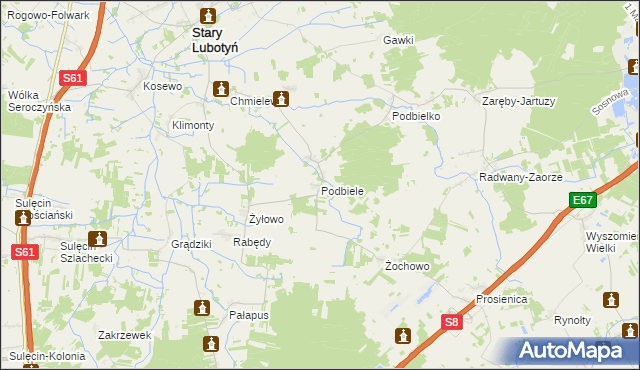 mapa Podbiele gmina Stary Lubotyń, Podbiele gmina Stary Lubotyń na mapie Targeo