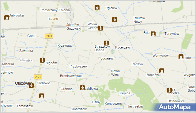 mapa Podgajew gmina Kłodawa, Podgajew gmina Kłodawa na mapie Targeo