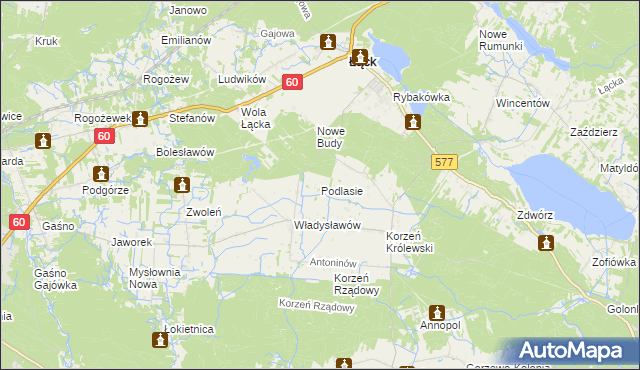 mapa Podlasie gmina Łąck, Podlasie gmina Łąck na mapie Targeo