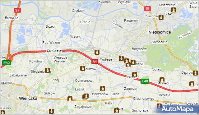 mapa Podłęże gmina Niepołomice, Podłęże gmina Niepołomice na mapie Targeo